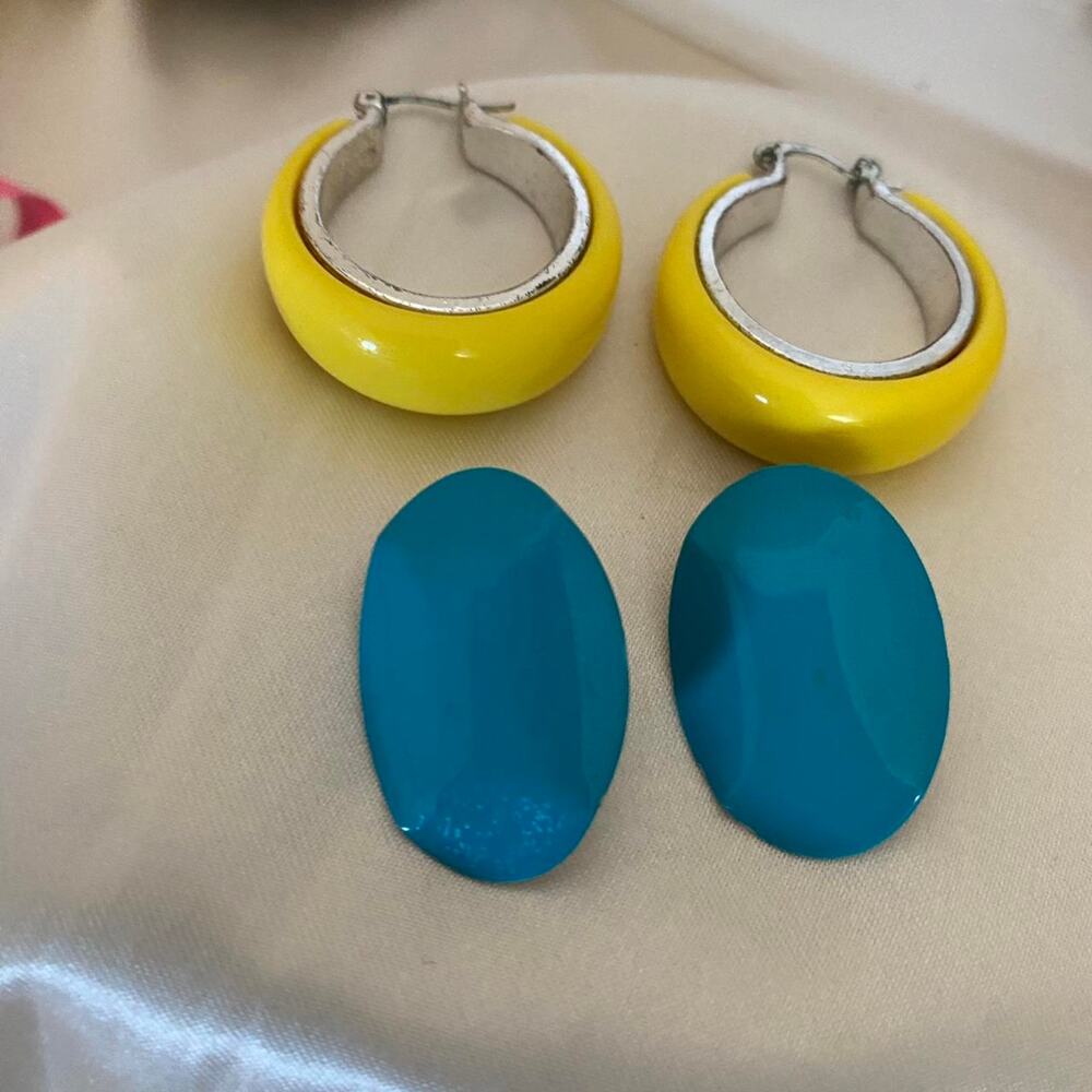 Vintage Laila Rowe Yellow Acrylic Hoop Earrings + Blue Metal Earrings Lot